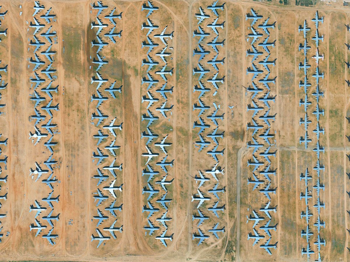 Aerial view of aircraft stored in desert