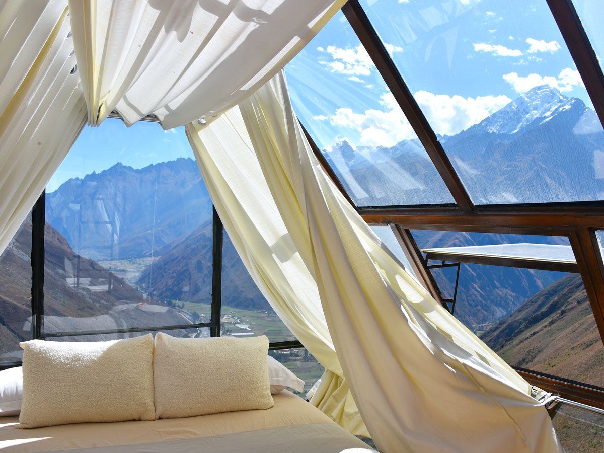 View of Peru's Sacred Valley from inside the Skylodge Adventure Suites 