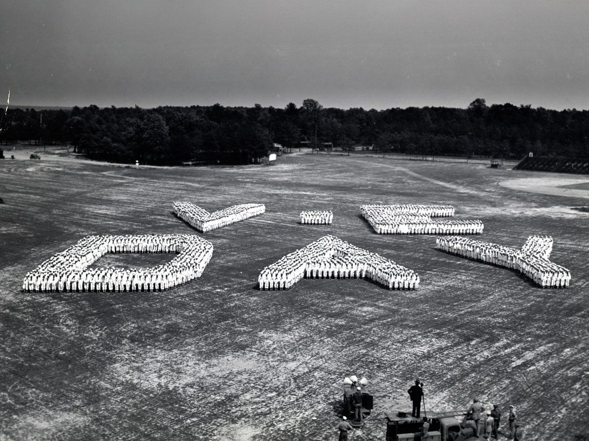Historical image of V-E Day spelled out by recruits in Camp Peary, Virginia 