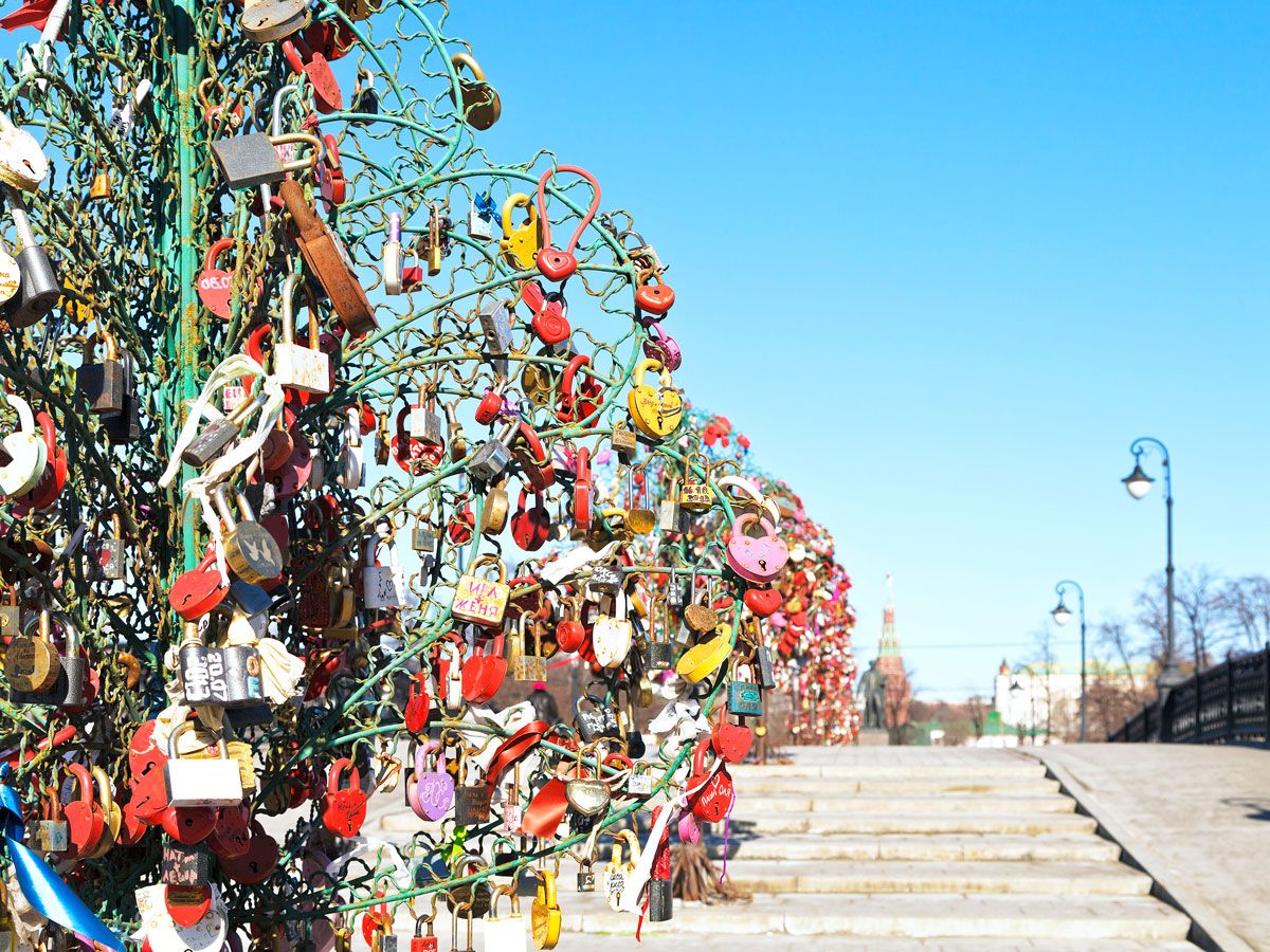 Steel "trees" covered in padlocks beside Luzhkoz Bridge in Moscow, Russia