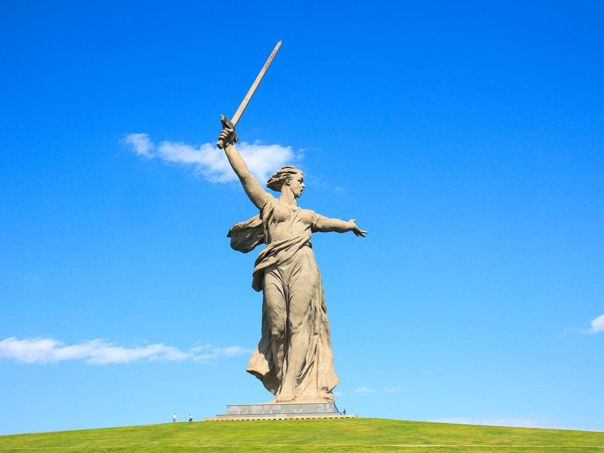 The Motherland Calls statue in Russia depicting a giant woman with a sword