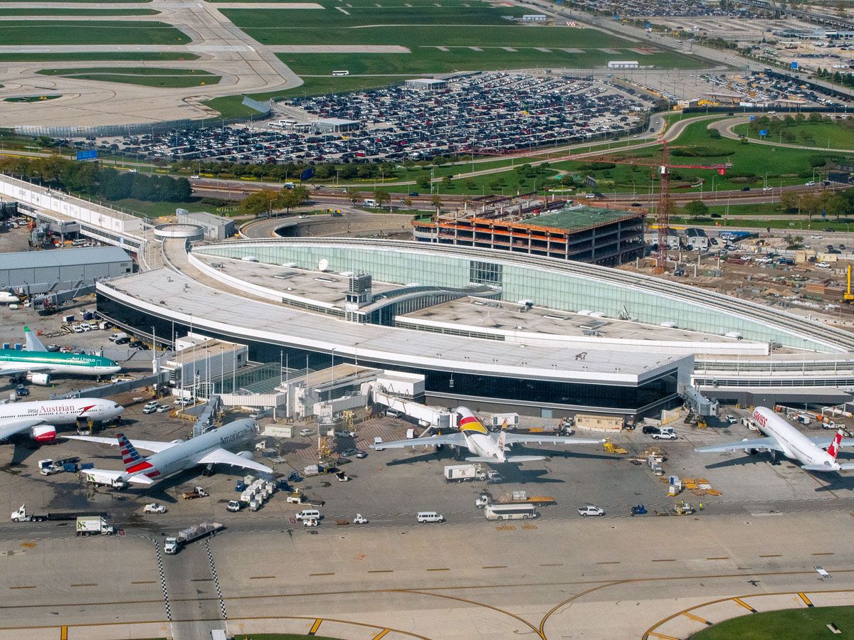 Aerial view of Terminal 5 at Chicago O'Hare International Airport