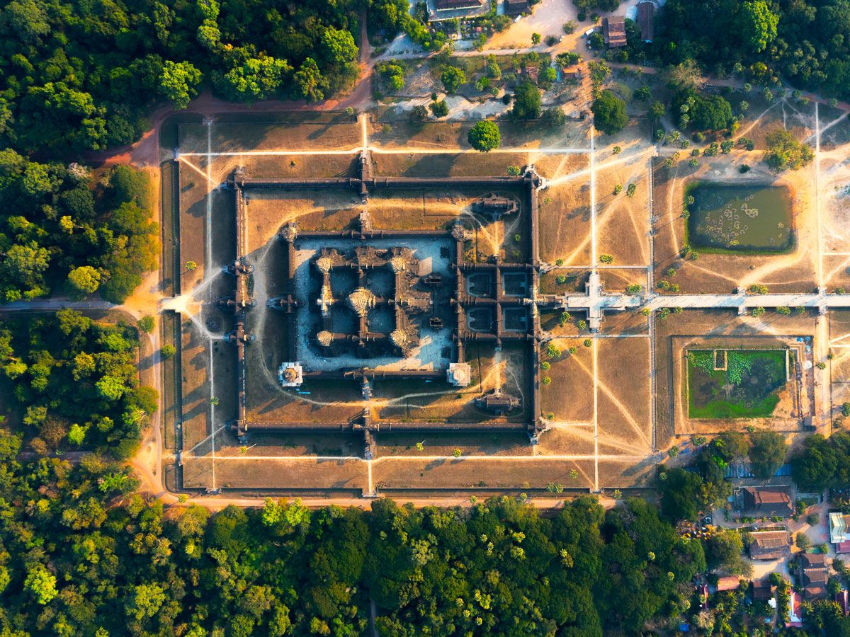 Overhead view of Angkor Wat religious complex in Cambodia