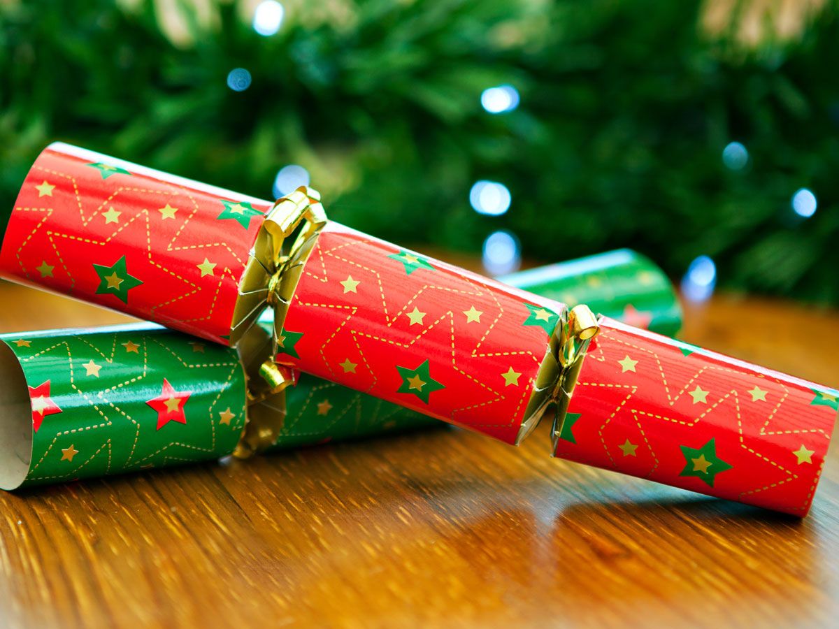 Two British Christmas crackers on a table