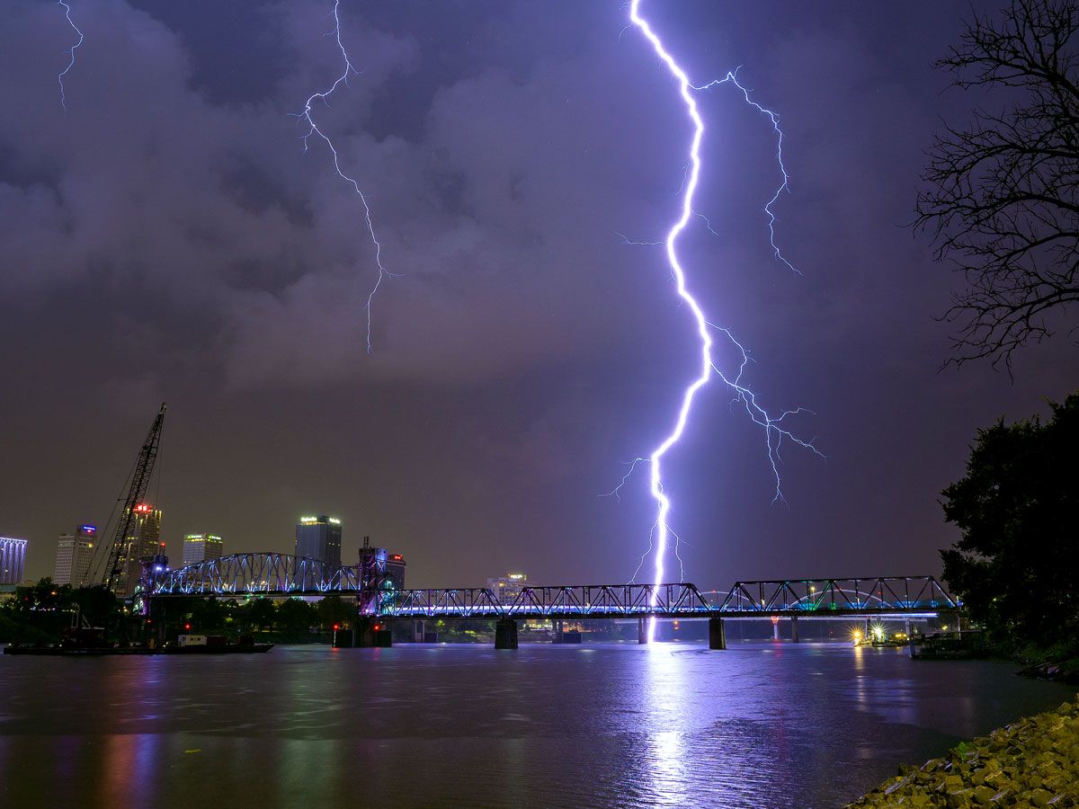 Lightning strike over the Arkansas River in Little Rock