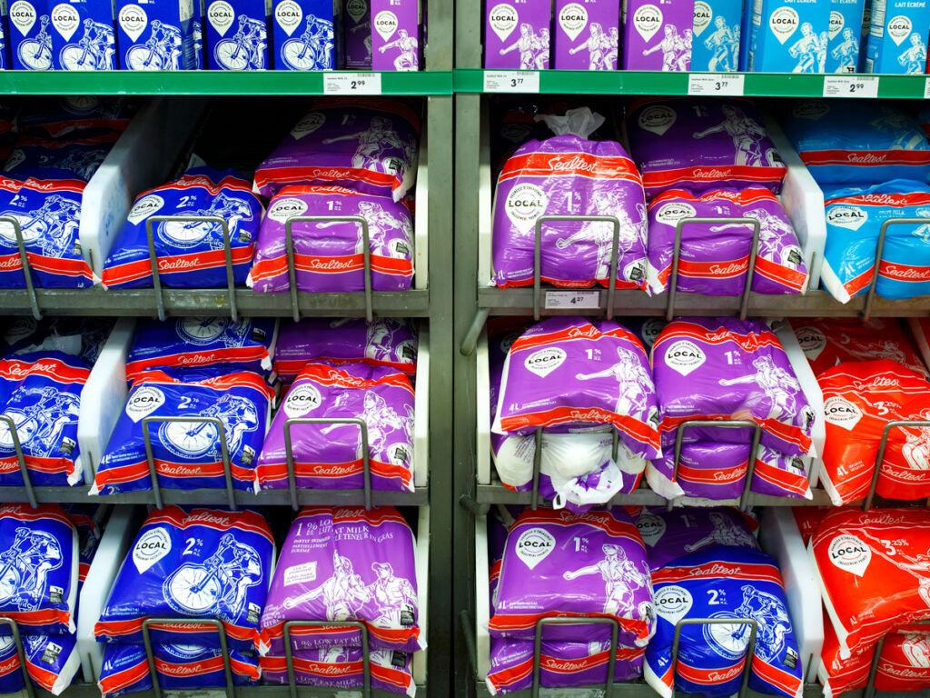 Bagged milk for sale in grocery store