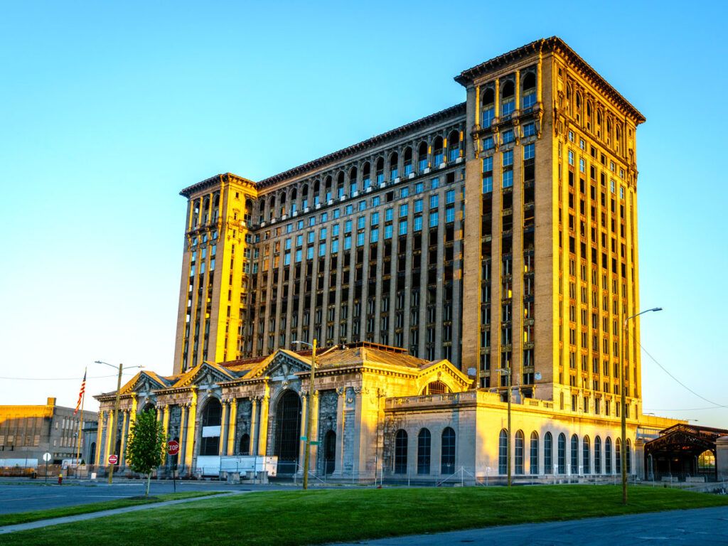 Sun shining on Detroit Central Station