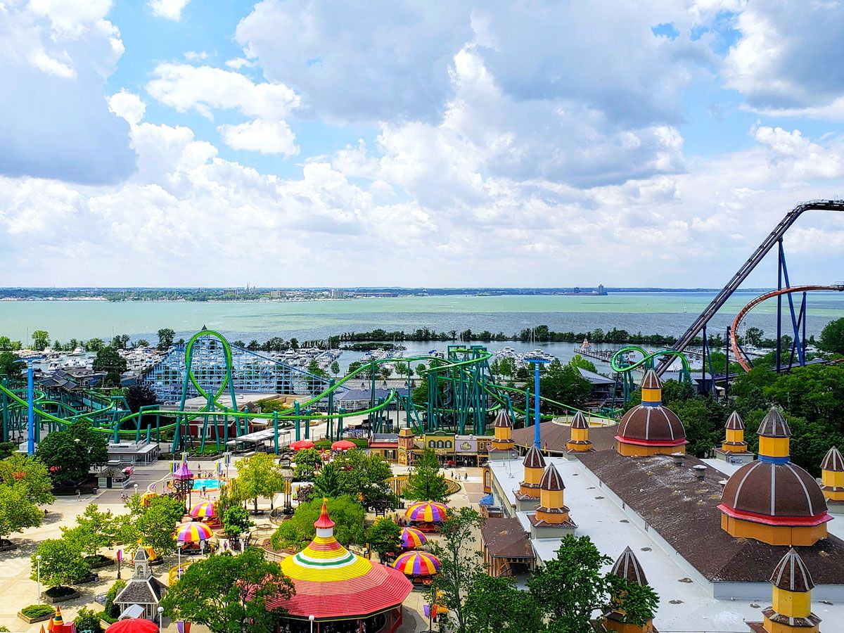 Aerial view of roller coasters at Cedar Point