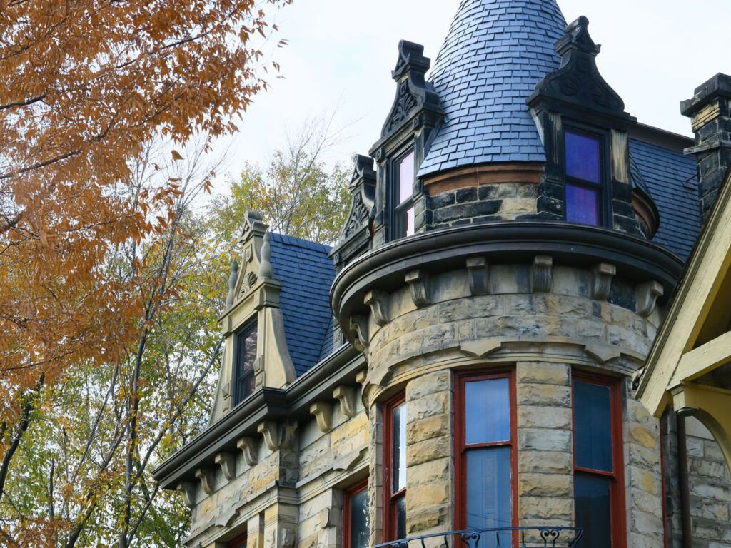 Close-up of turret of Franklin Castle in Cleveland, Ohio