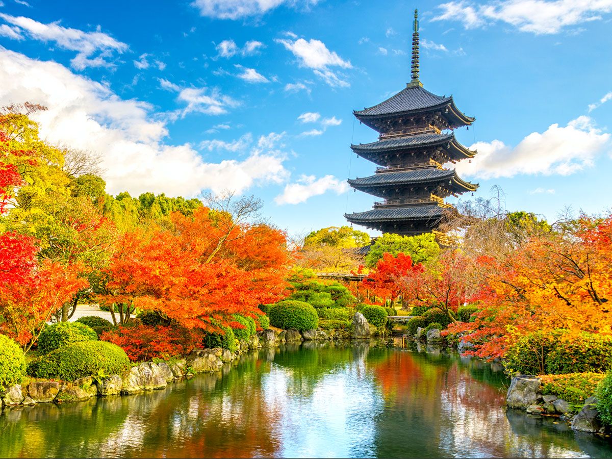 Fall foliage around temple in Kyoto, Japan