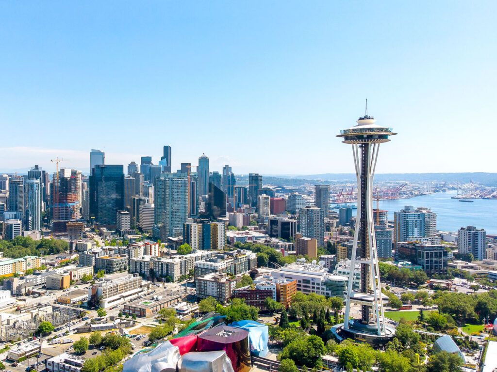 Space Needle towering above Seattle skyline