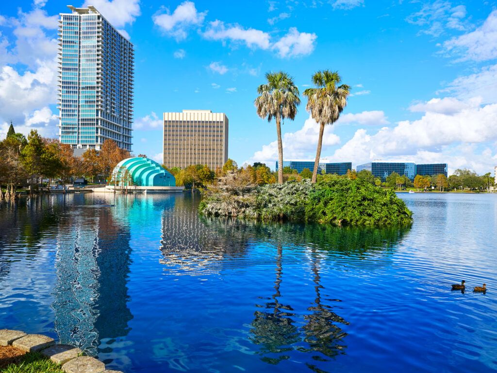 Lake surrounded by high-rises in Orlando, Florida