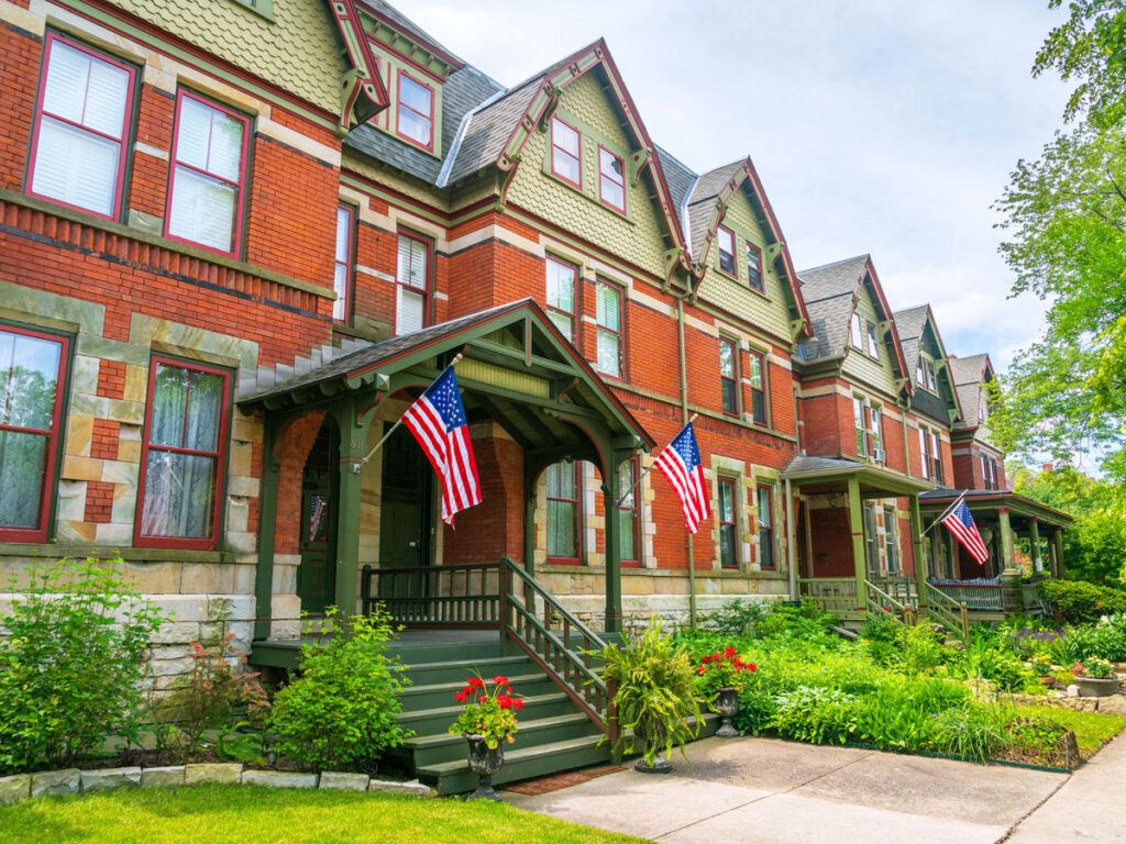 Brick row homes in Chicago's Pullman neighborhood