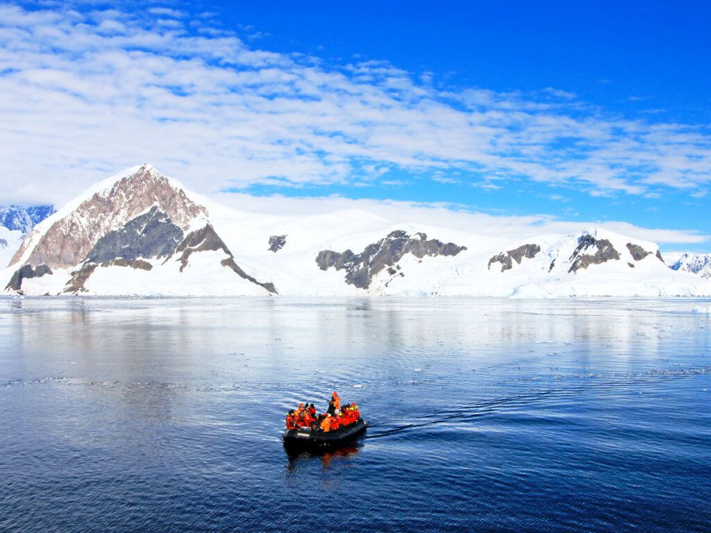 Group on Zodiac boat in Antarctica 