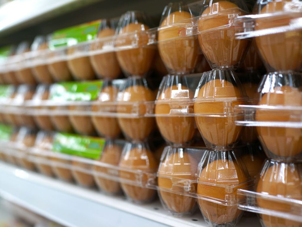 Egg cartons on grocery store shelf