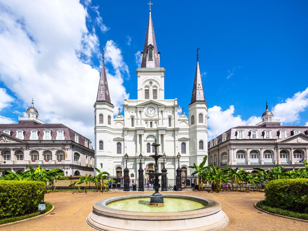 St. Louis Cathedral towering above Jackson Square in New Orleans, Louisiana