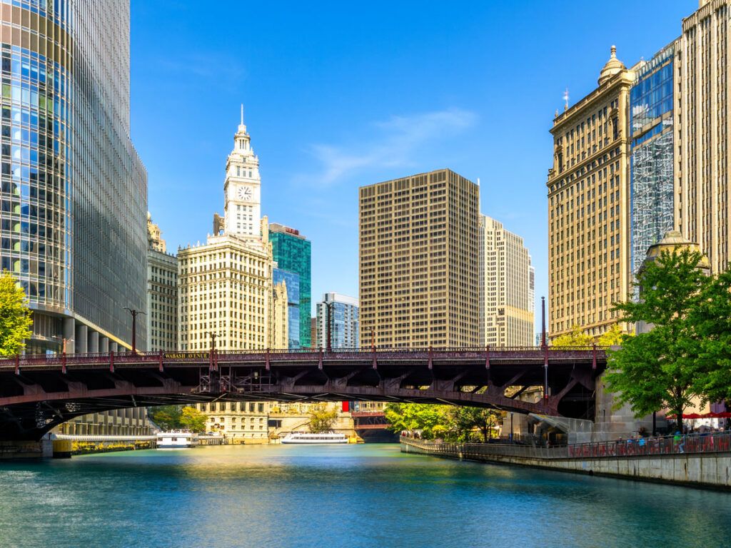 Bridge over the Chicago River between skyscrapers
