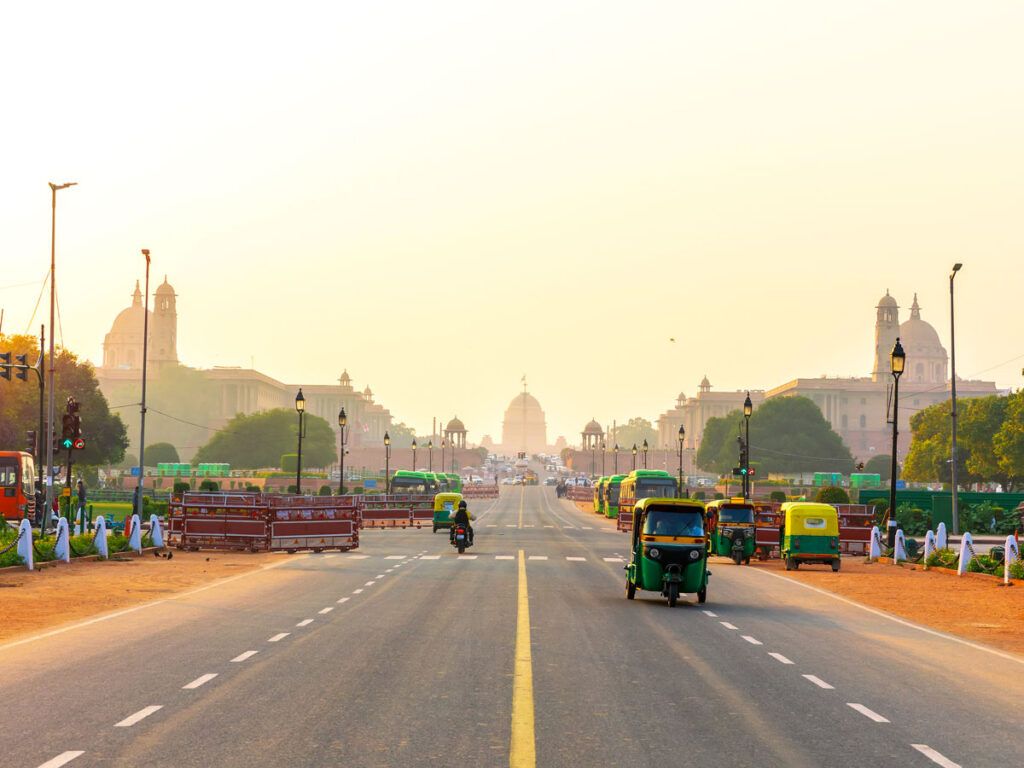 Traffic in New Delhi, India, at sunset