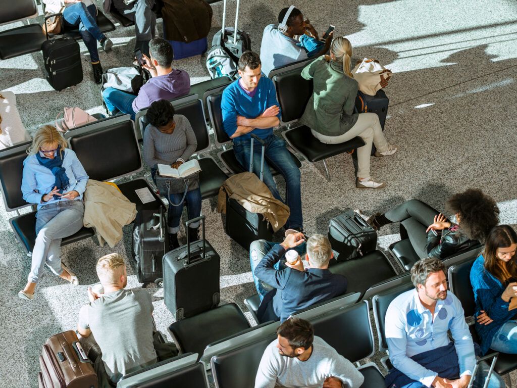 Seating area at airport gate seen from above
