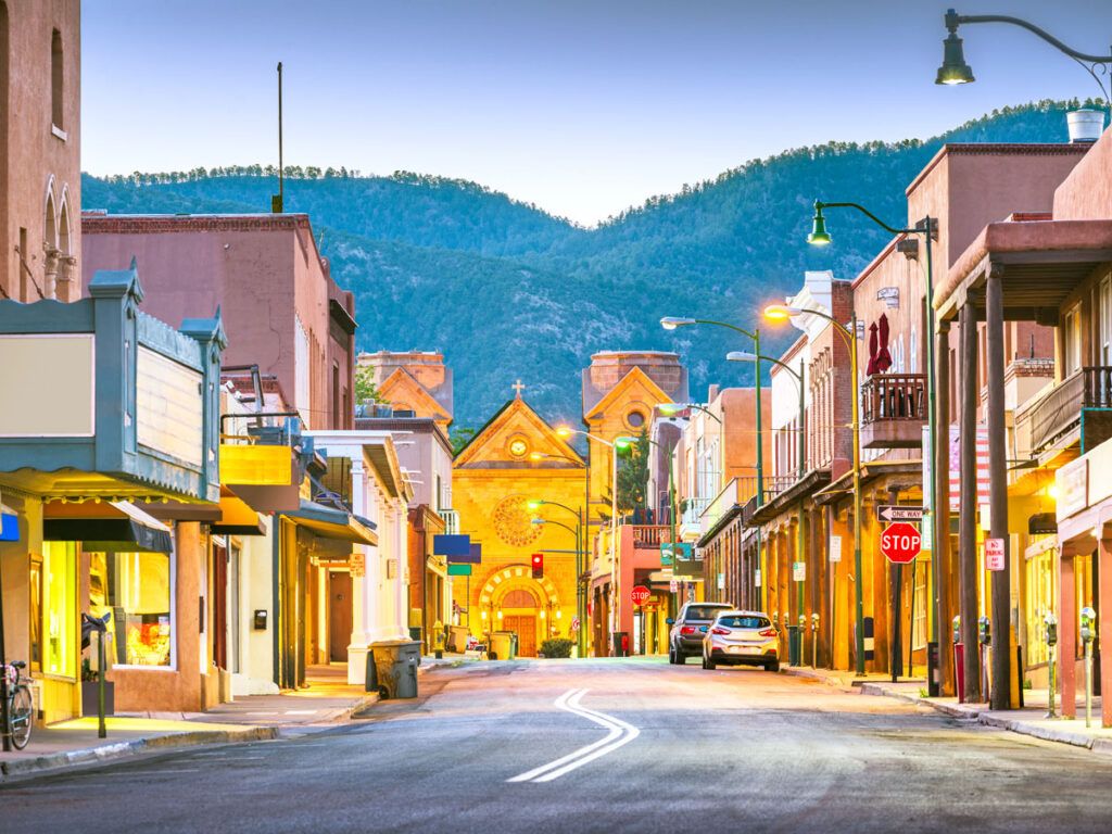 Downtown Santa Fe, New Mexico, with view of mountains