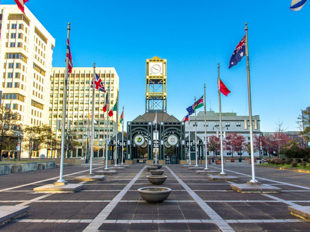 Flags flying over plaza in downtown Memphis, Tennessee