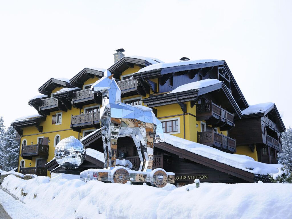 Mirror sculpture of horse in front of Cheval Blanc Hotel, Courchevel Ski Resort