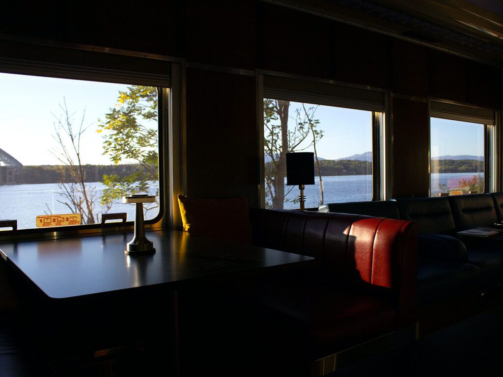 Dining table inside private railcar