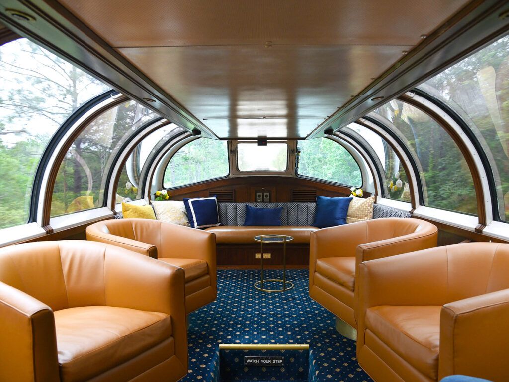 Seating area with overhead windows in Halloway railcar