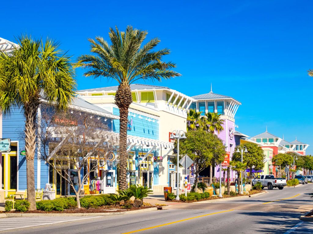 Colorful storefronts in Panama City Beach, Florida