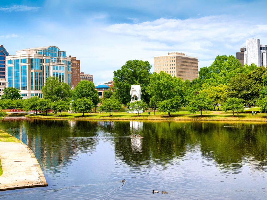 Park with lake in downtown Huntsville, Alabama
