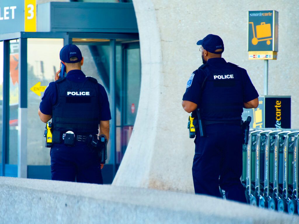 Two police officers outside of airport terminal